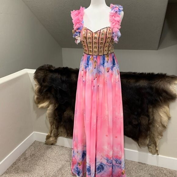 New One-Shoulder Floral Print Chiffon Gown With Beads - Picture 7 of 15